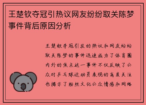王楚钦夺冠引热议网友纷纷取关陈梦事件背后原因分析